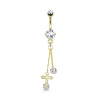 Bauchnabelpiercing Kreuz mit langem Anhänger CZ Stein weiß vergoldet 14kt.
