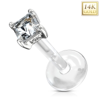 14 kt. Piercing mit quadratischem weißen Stein