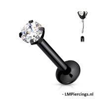 Piercing Push In - schwarz mit weißem CZ rundem Stein 6mm