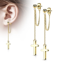 Ohrringe mit Doppelkettenanhänger und Kreuz in Goldfarbe