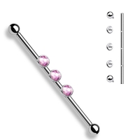 Industrial Piercing 3 Innengewinde mit Edelsteinen rosa