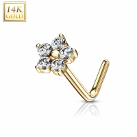 14kt Piercing-Top mit Edelsteinen und Blume in L-Form