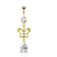 Bauchnabelpiercing CZ Schmetterling mit Tropfen vergoldet 14kt.