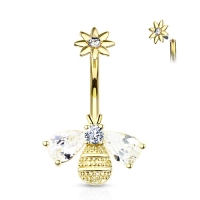 Bauchnabelpiercing mit Steinen in Flügel und Kopf mit Blumenspitze vergoldet
