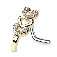 Nasenpiercing mit drei Herzen, Zirkoniasteinen, goldfarben